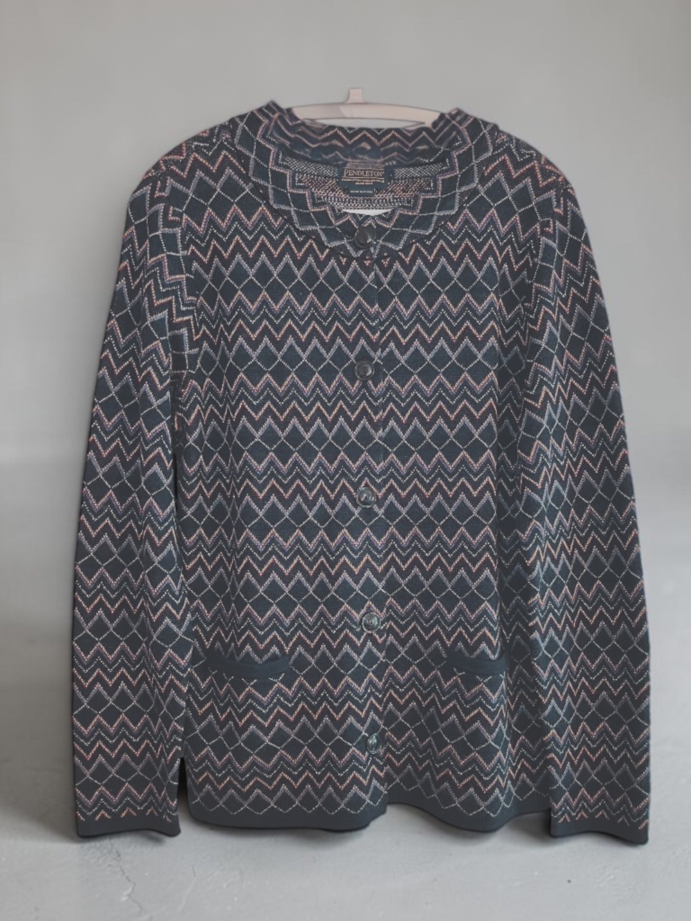 Pendleton Merino Wool Jacquard Cardigan Jacket Navy Geometric Size L